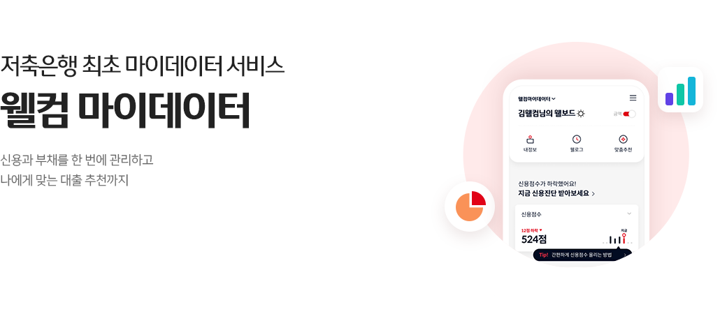 저축은행 최초 마이데이터 서비스
웰컴 마이데이터
신용과 부채를 한 번에 관리하고
나에게 맞는 대출 추천까지